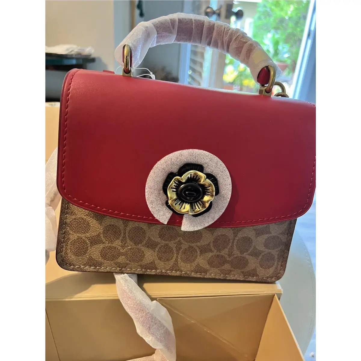 Coach 88202 Parker Top Handle In Signature Canvas/ Red Apple Leather