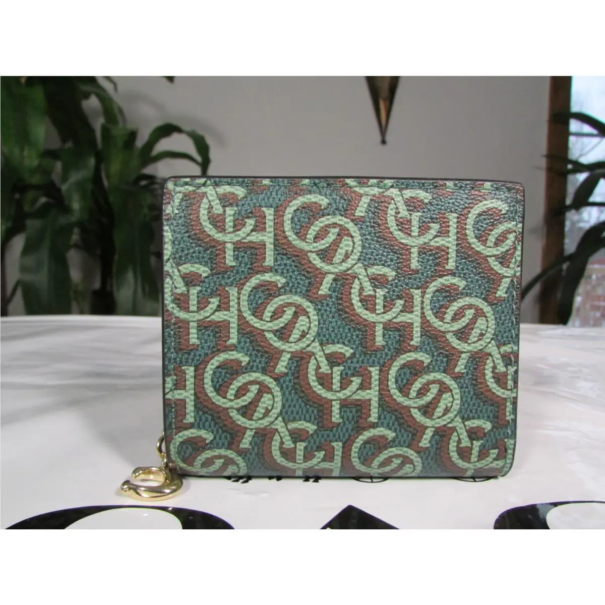 Coach Coated Coach Snap Wallet with Coach Monogram Print CF522 Green Multi