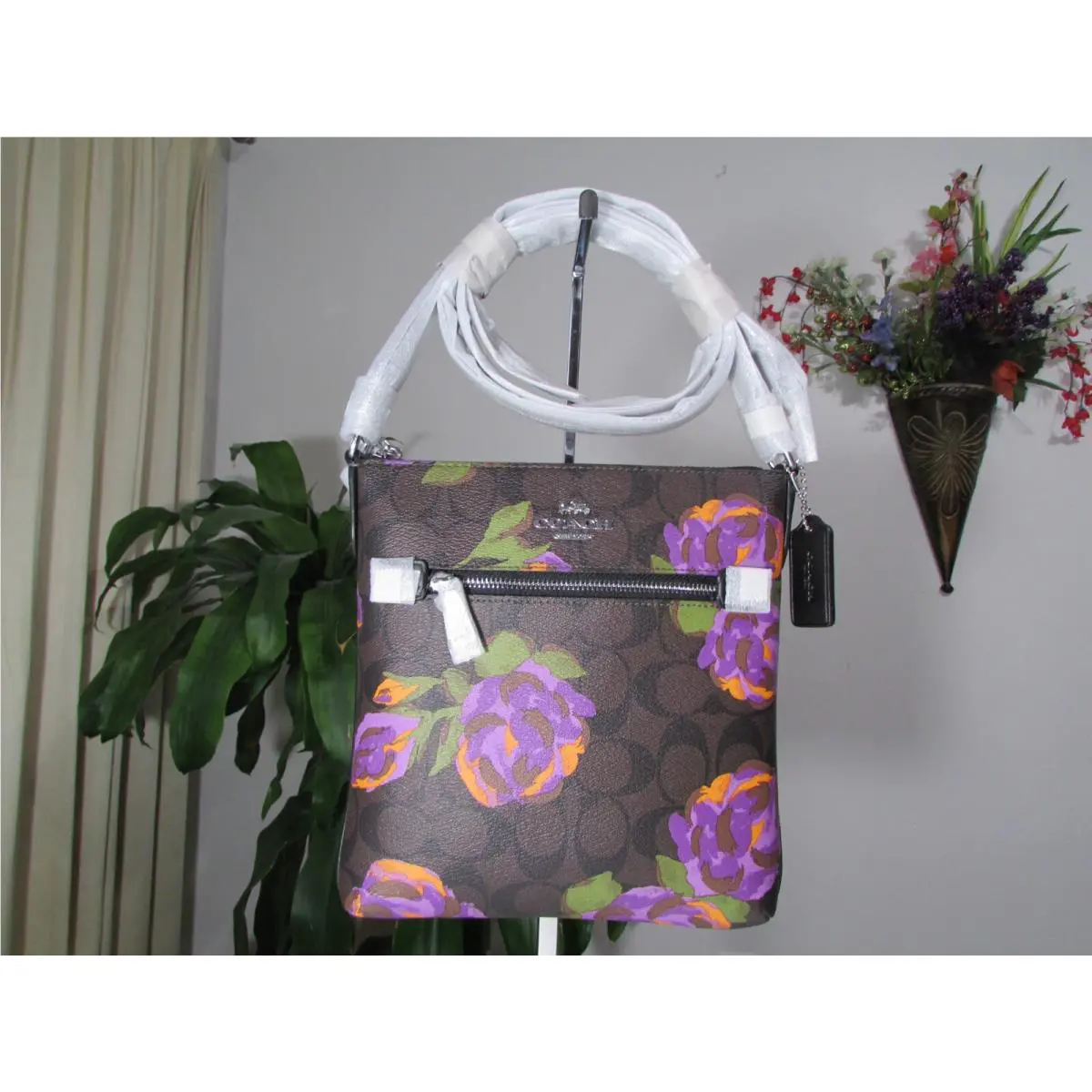 Signature Canvas Rose Print Mini Rowan File Bag CL660 Brown/iris Multi by Coach