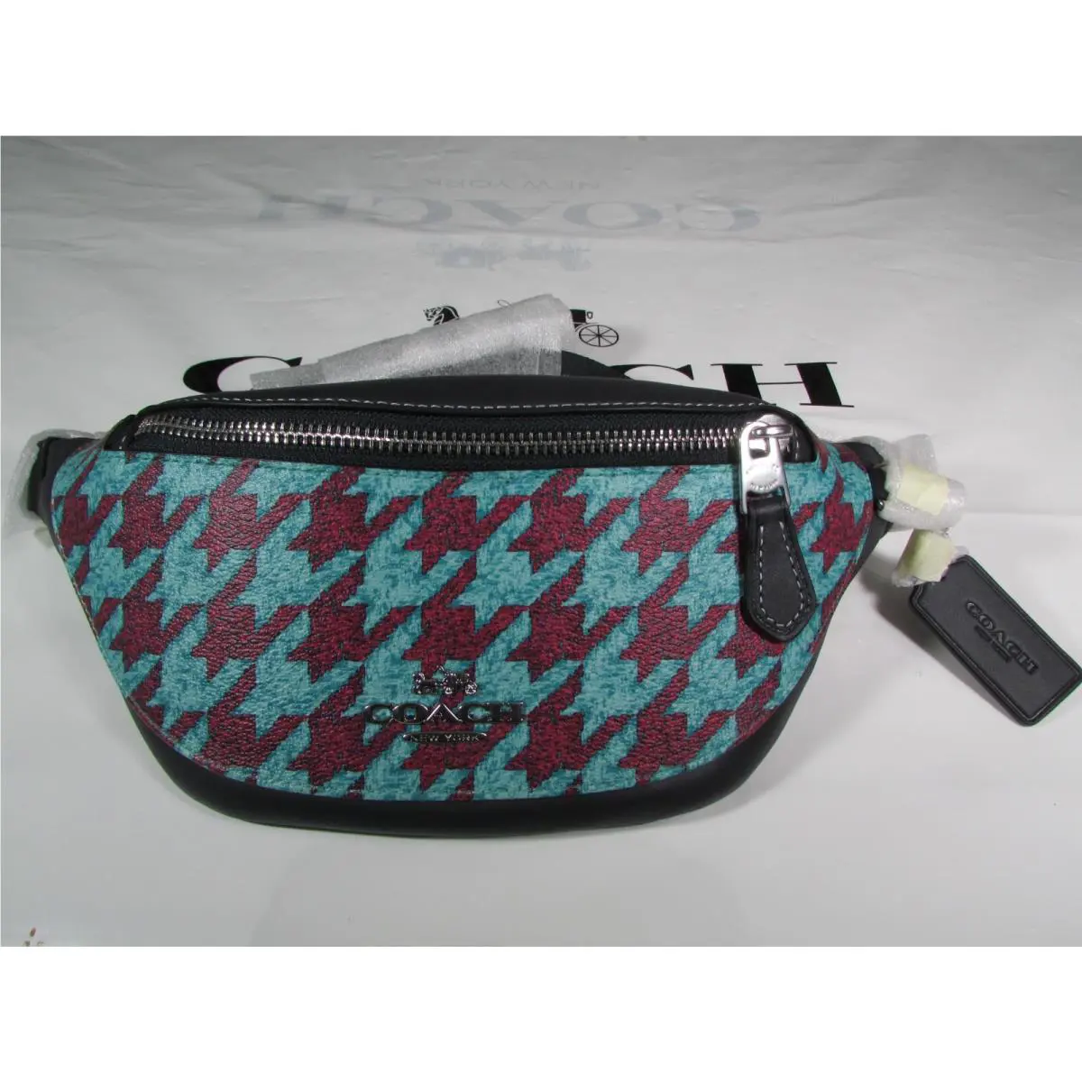 Coach Warren Mini Belt Bag with Houndstooth Print CJ711 Teal/wine
