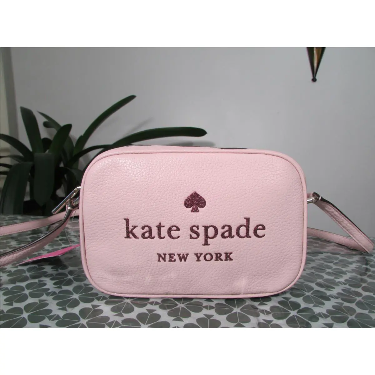 Kate Spade Leather Glitter Logo Camera Crossbody Rose Smoke