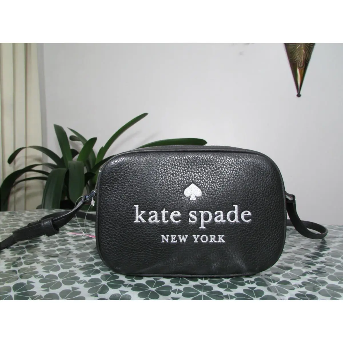 Kate Spade Leather Glitter Logo Camera Crossbody Bag Black