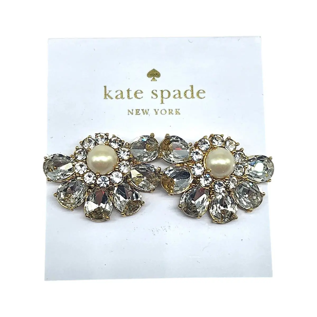 Kate Spade Earrings Gold Tone Crystal Artificial Pearl Cluster Faceted Teardrop