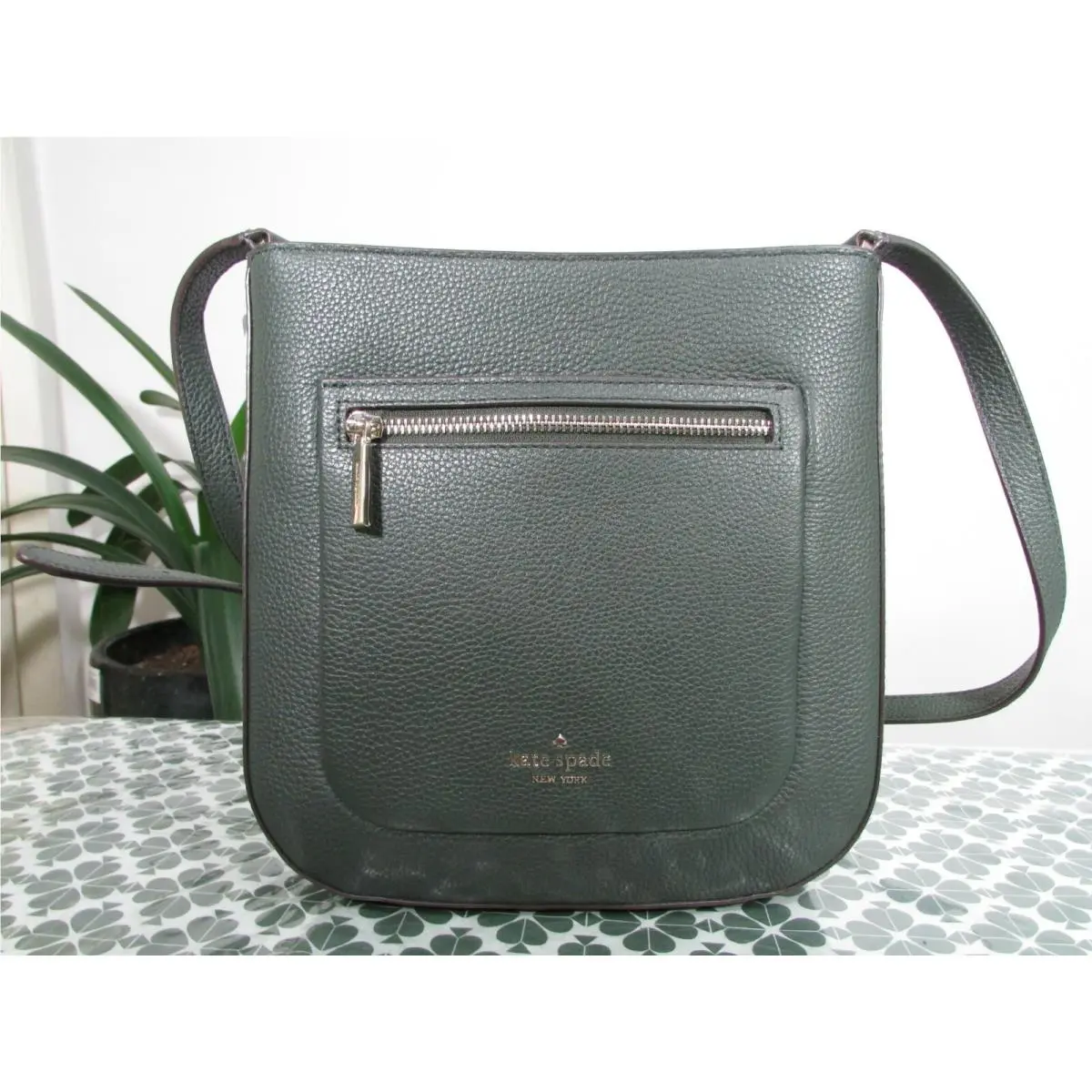 Kate Spade Pebble Leather Top Zip Crossbody Bag Deep Everygreen