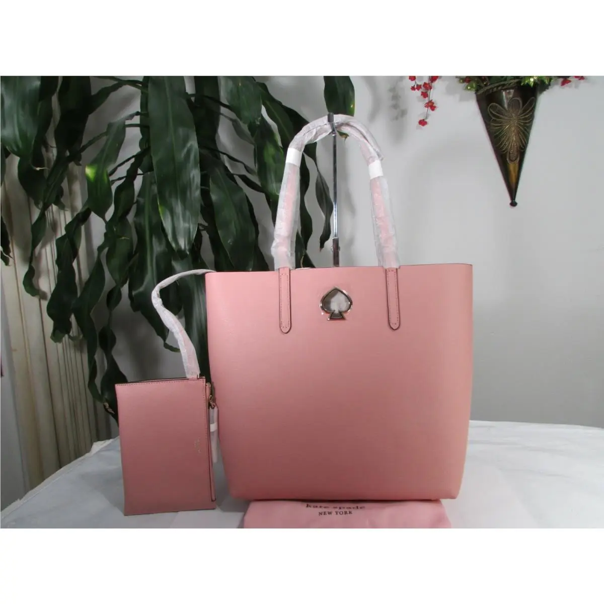 Kate Spade Leather Suzy Large North South Tote Wristlet Pouch Cosmetic Pink