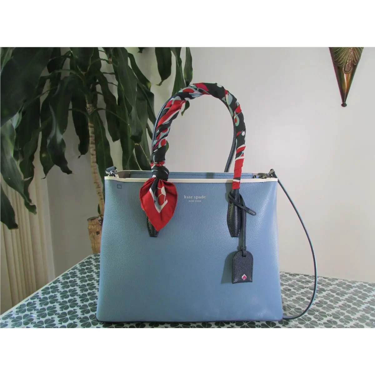 Kate Spade Leather Eva Scarf Handle Medium Top Zip Satchel Baltic Sea