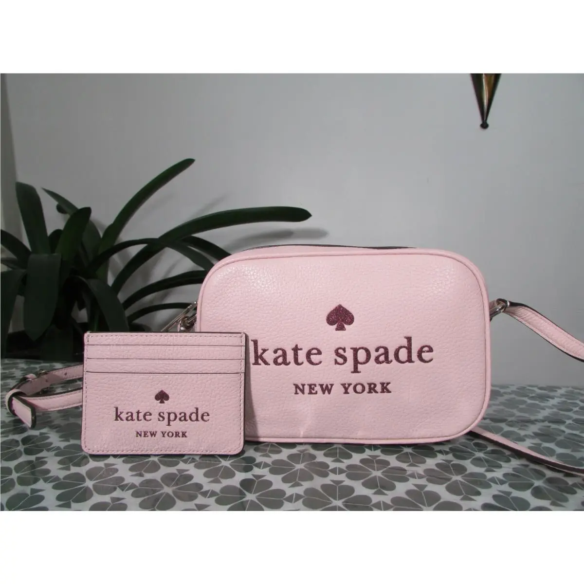 Kate Spade Leather Glitter Logo Camera Crossbody Card Case Rose Smoke