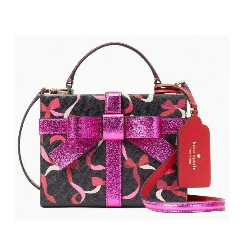 Kate Spade Wrapping Party Gift Box Crossbody Black Pink Leather Ribbon K4671