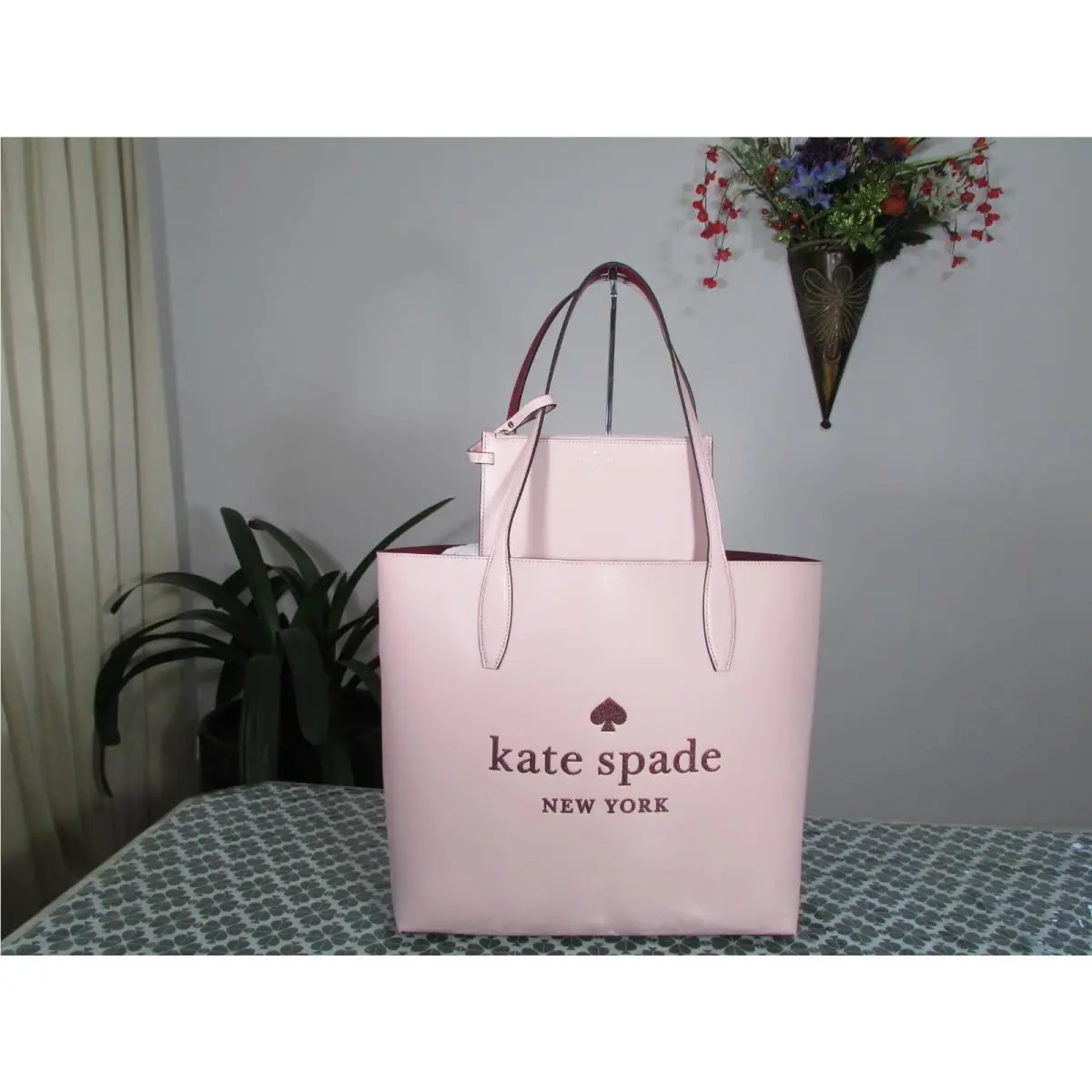 Kate Spade Refined Grain Leather Glitter on Tote Rose Smoke Pink
