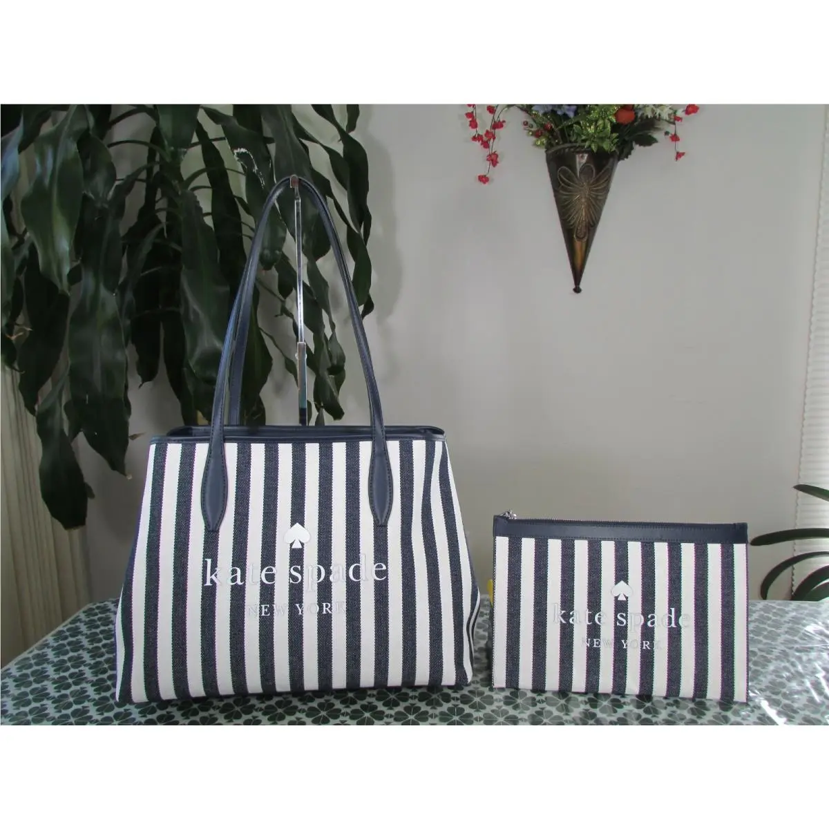 Kate Spade Canvas Leather Side Snap Street Strip Tote Pouch Blaze Blue
