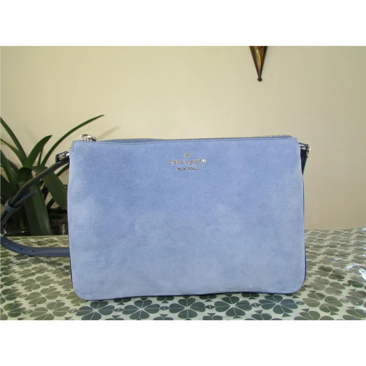 Kate Spade Suede Leather Triple Gusset Crossbody Bag Blueberry Cobbler