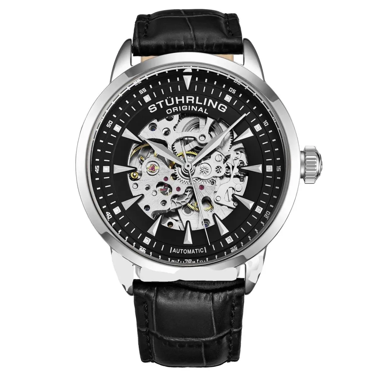 Stuhrling 4071 2 Executive Reserve Automatic Skeleton Black Leather Mens Watch - Band: Black, Bezel: Silver