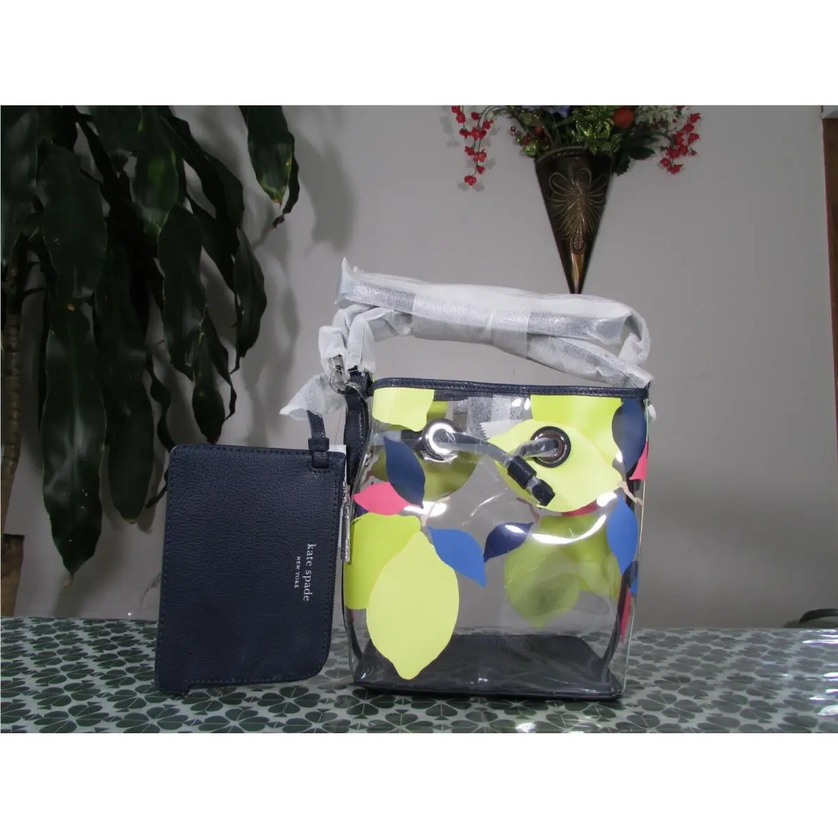 Kate Spade Eva Seethrough Lemon Zest Small Bucket Clear Multi Navy