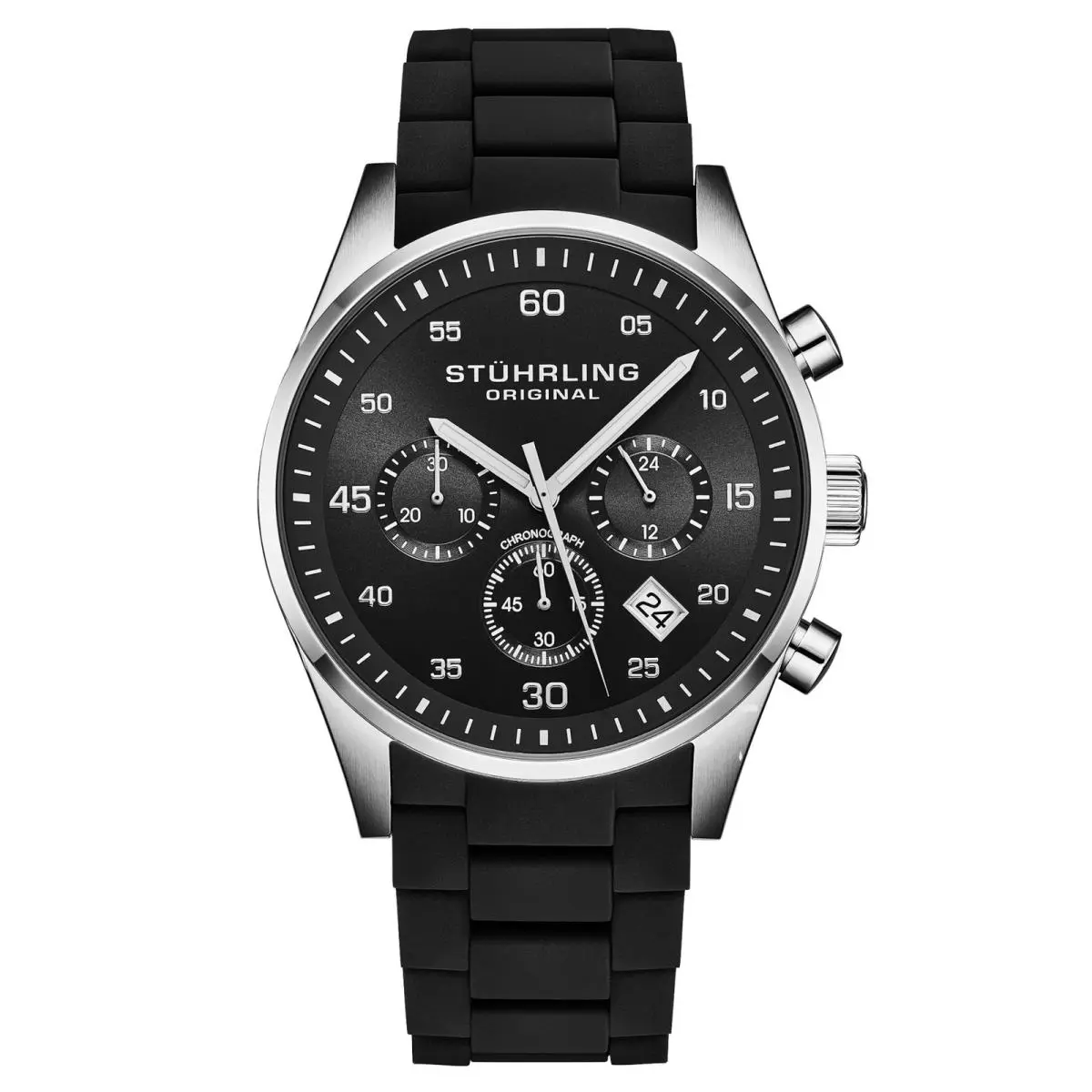 Stuhrling 4076 1 Velocity Chronograph Date Black Silicone Strap Mens Watch - Dial: Black, Band: Black, Bezel: Silver