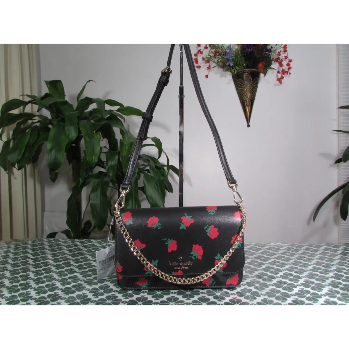 Kate Spade Madison Rose Toss Printed Small Flap Crossbody KE643 Black Multi