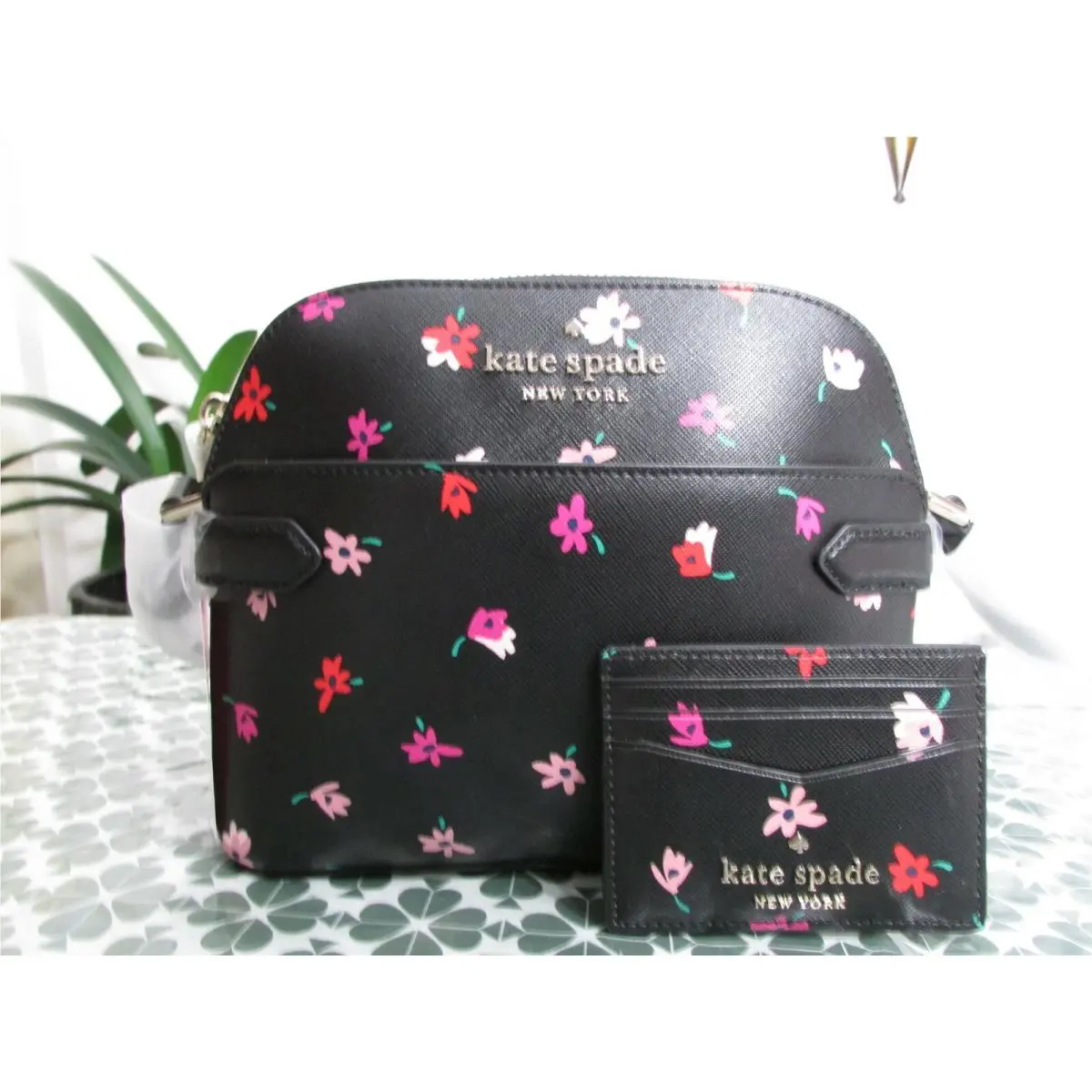 Kate Spade Staci Ditsy Buds Dome Crossbody Bag Card Case Black Multi