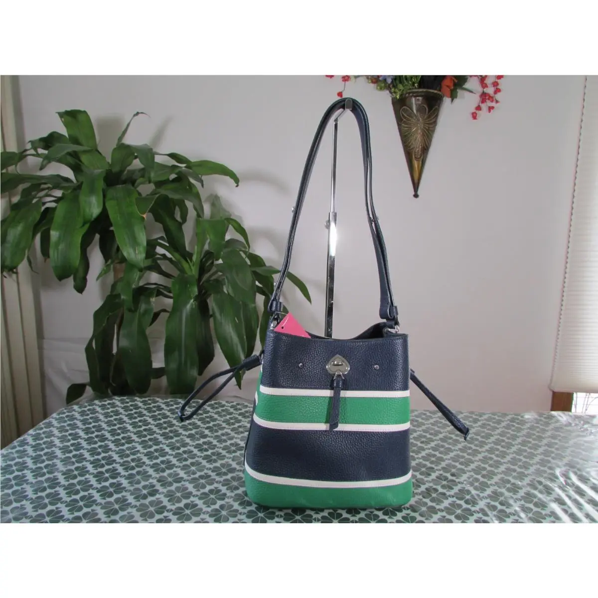Kate Spade Leather Marti Stripe Applique Bucket Shoulder Crossbody WKR00350