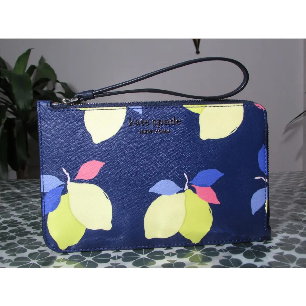 Kate Spade Pvc Cameron Lemon Zest Medium L-zip Wristlet River Blue
