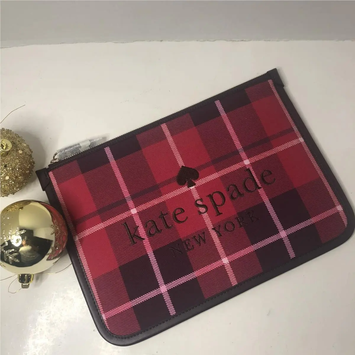 Kate Spade Ella Plaid Berry Ice Large Zip Pouch Wallet Holiday Fun