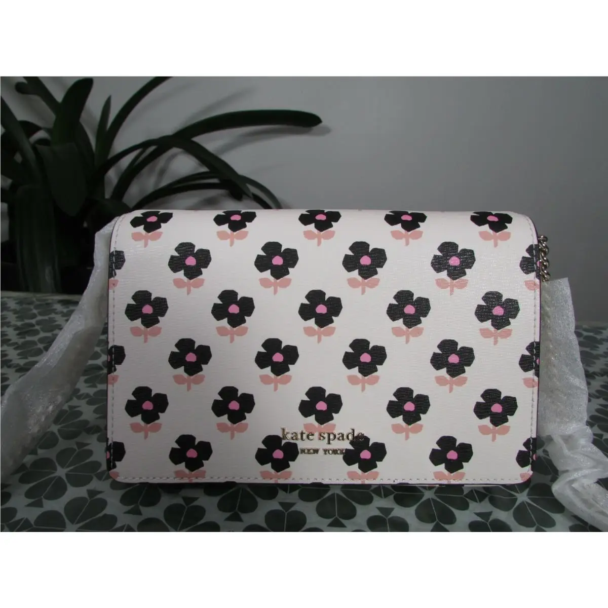 Kate Spade Saffiano Spencer Block Print Floral Chain Wallet Parchment Multi