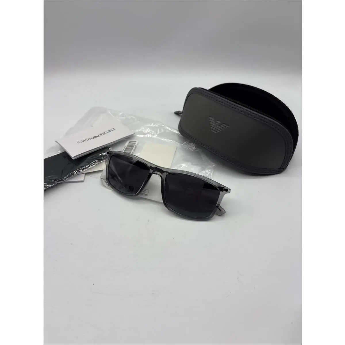 Emporio Armani AR 4171 Black Black Clear Gray Sunglasses Case and Paperwork