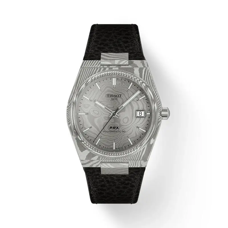 Tissot Prx Damascus Steel 38mm Gray Dial Leather Band Watch T1378079608100