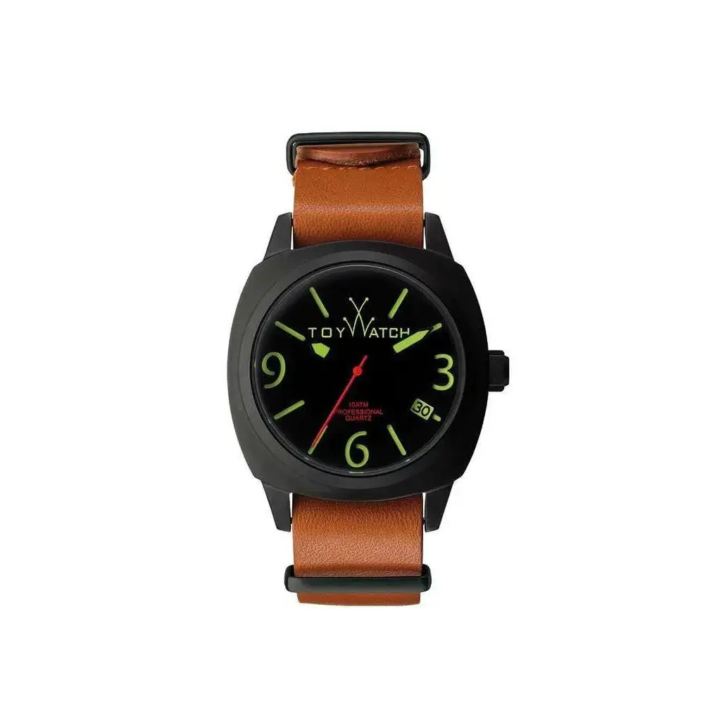 Toy Watch Icon Black IP Steel Brown Leather Mens Quartz Analog Watch IC02BK by ToyWatch