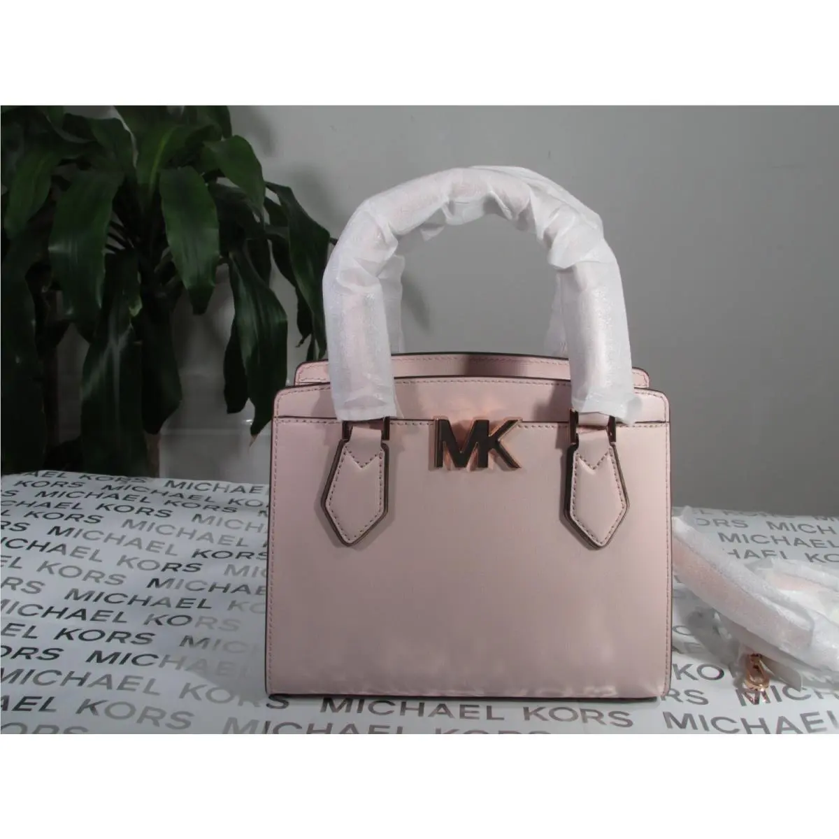 Leather Mott Medium Satchel Messenger Crossbody Bag Powder Blush by Michael Kors