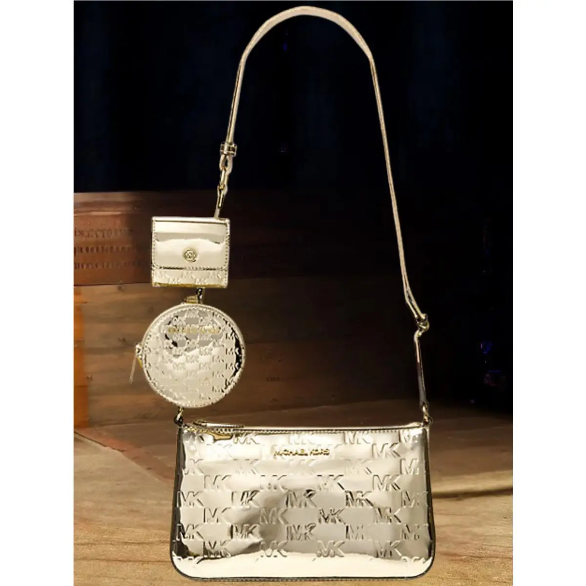 Michael Kors Jet Set Small Patent Logo Debossed Crossbody MK Bag w/ Airpod Case