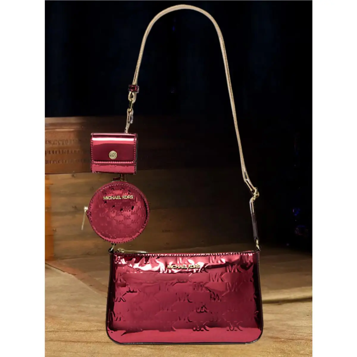 Jet Set Small Patent Logo Debossed Crossbody MK Bag w/ Airpod Case CHERRY by Michael Kors