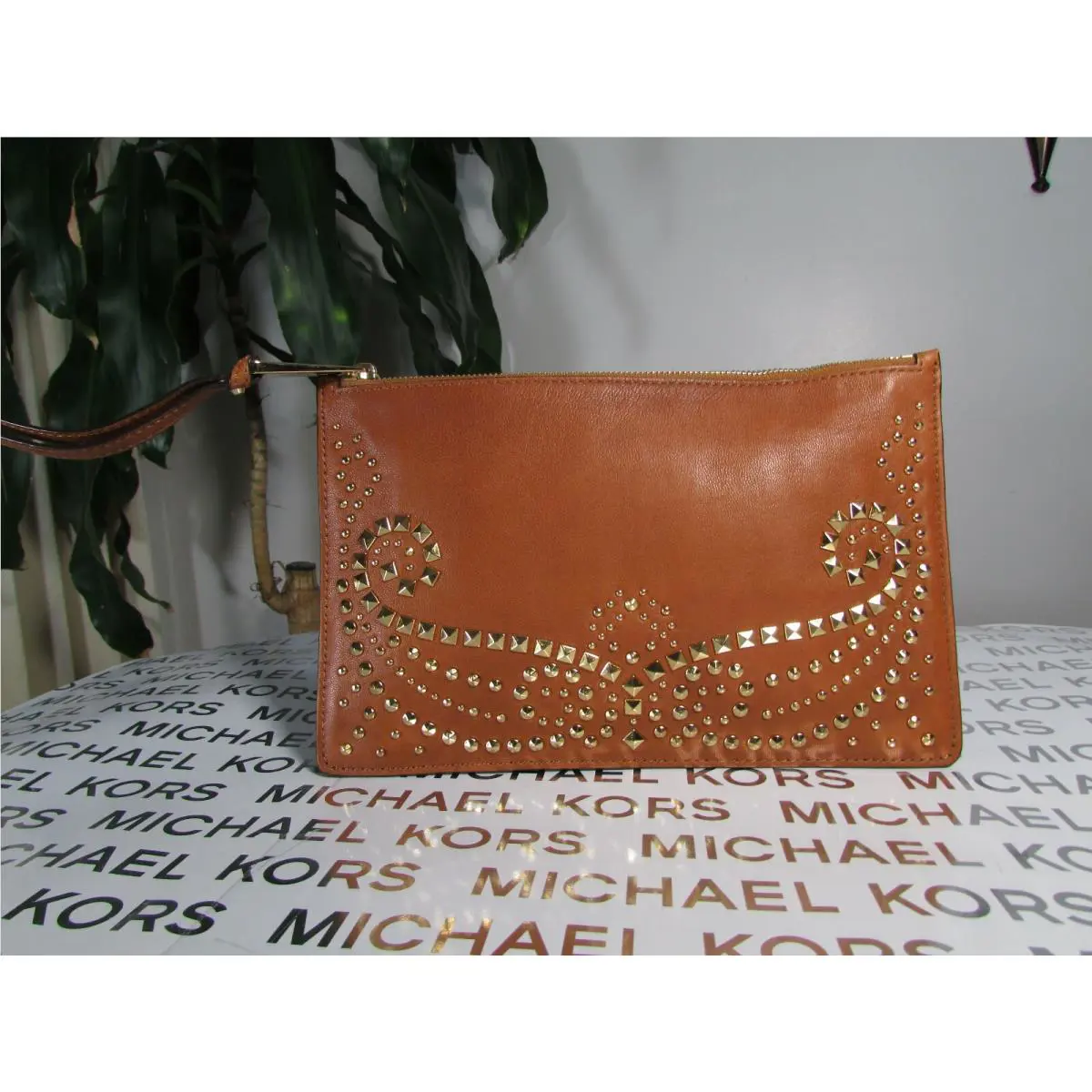 Michael Kors Leather Rhea Studded Large Zip Clutch Luggage or Chocolate