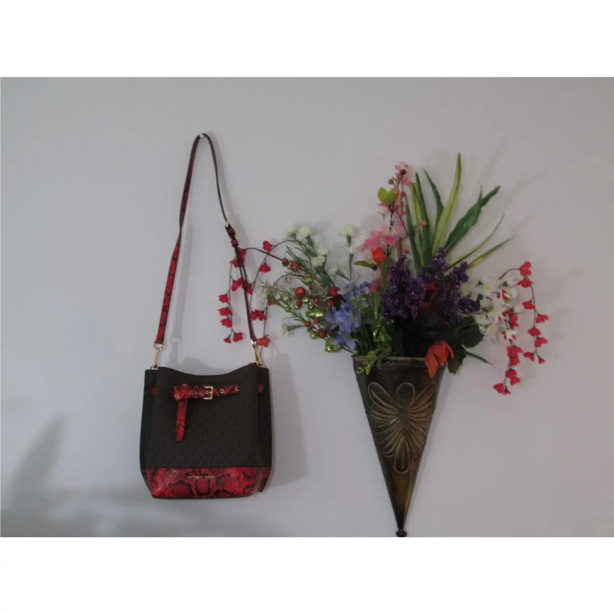 Michael Kors Signature Emilia Small Bucket Bag DK Red Multi or Natural Multi
