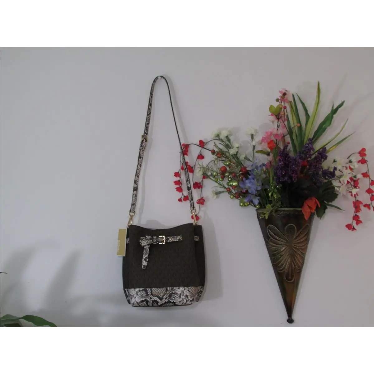 Signature Emilia Small Bucket Bag DK Red Multi or Natural Multi Natural Multi by Michael Kors