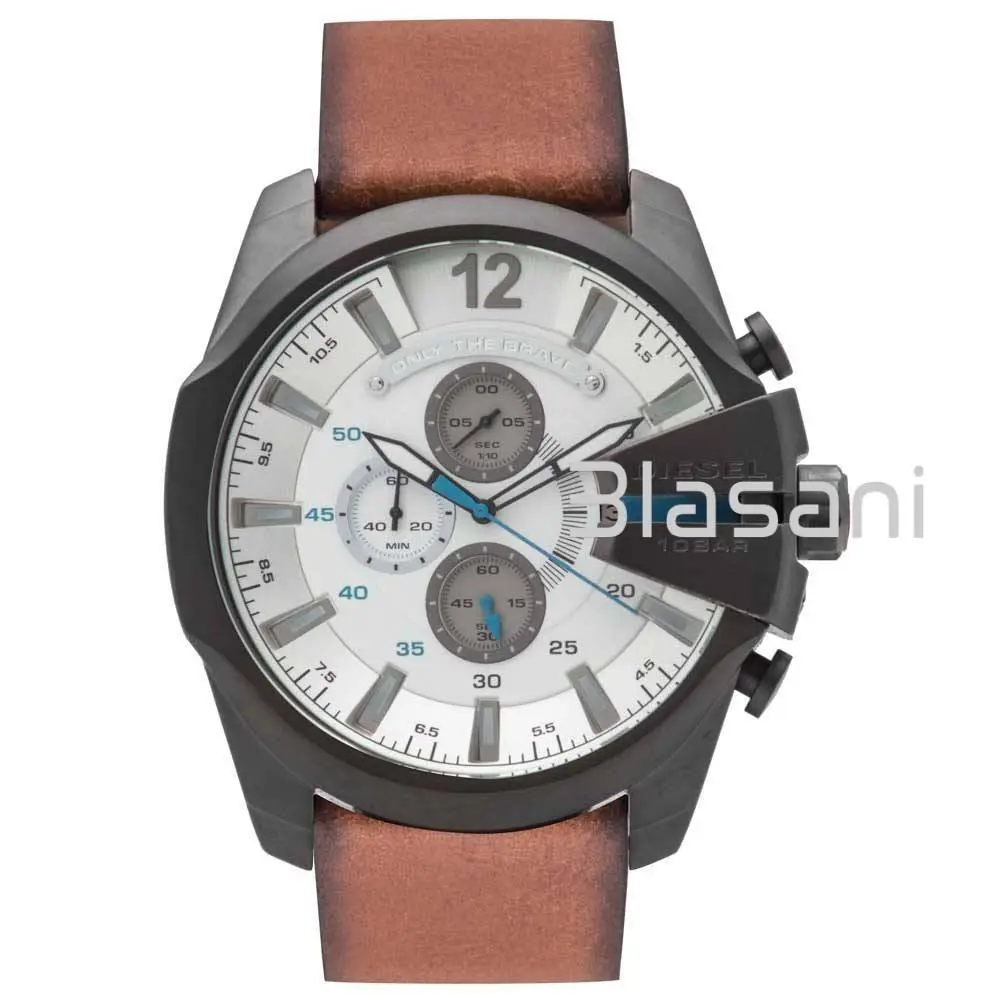 Diesel DZ4280 Mega Chief Men`s White Brown Leather Strap Watch 51mm