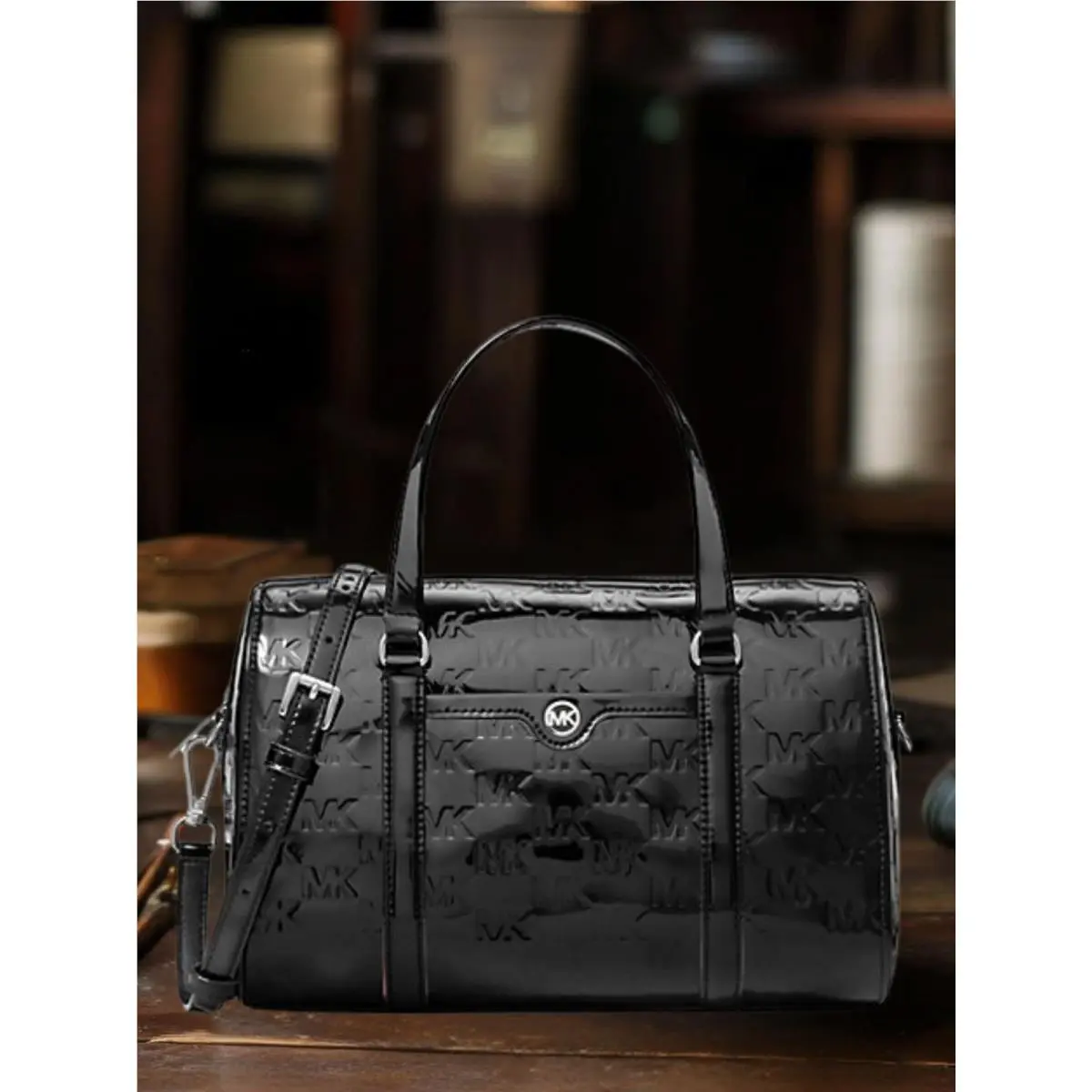 Michael Kors Jet Set Women Medium Metallic Logo Debossed Satchel Bag Black