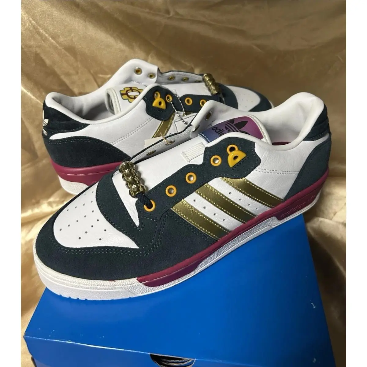 Size 11 Adidas Rivalry Low Originals Demon Slayer White Gold Metal Beads