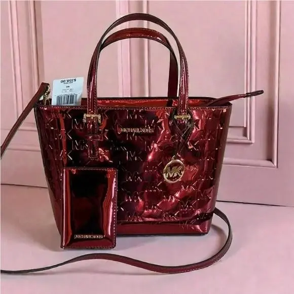 Michael Kors Jet Set Women XS Metallic Logo Debossed Tote MK Bag + Wallet Set