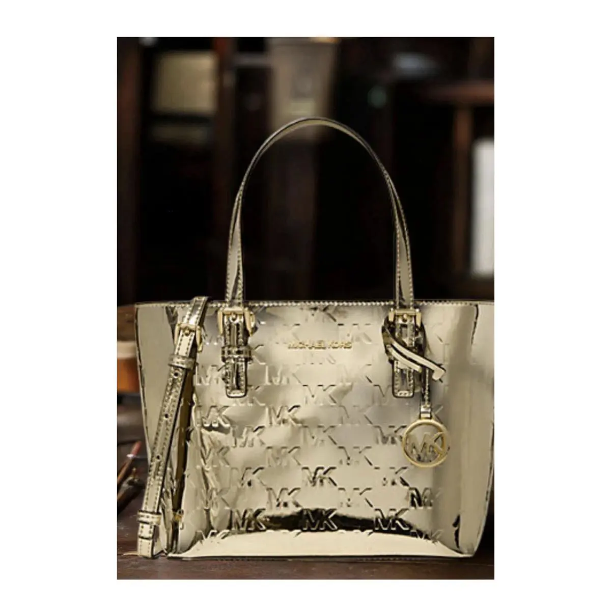 Michael Kors Jet Set Women XS Metallic Logo Debossed Tote MK Bag + Wallet Set
