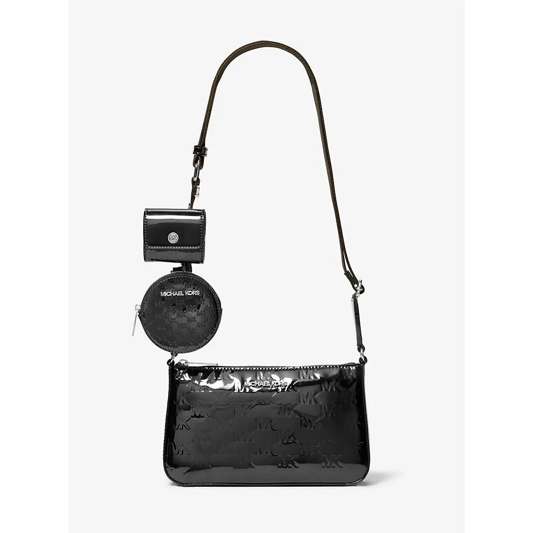 Michael Kors Jet Set SM Patent Logo Debossed Crossbody Bag Airpods Case Black