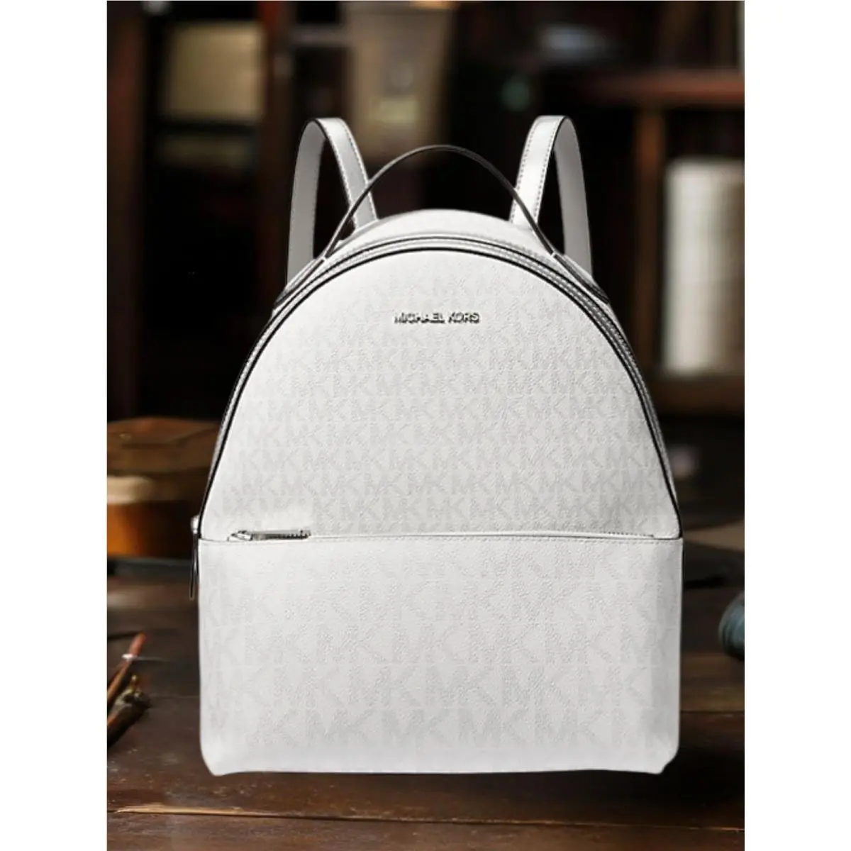 Michael Kors Sheila Women Medium Signature MK Front Pocket Backpack Silver