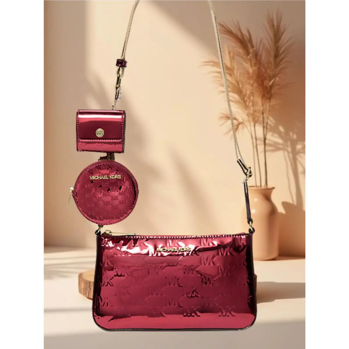 Michael Kors Jet Set Women Small Metallic Logo Crossbody Bag with Case Cherry