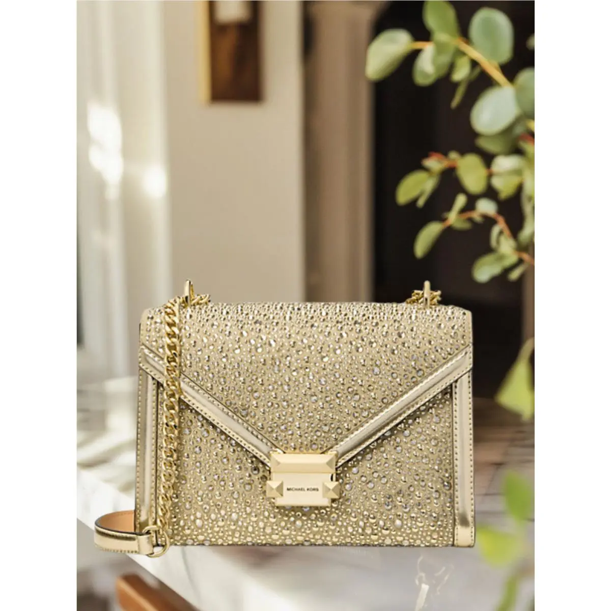 Michael Kors Whitney Women Medium Embellished Metallic Shoulder Bag Pale Gold