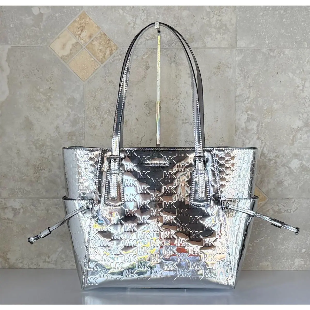 Voyager LG Tote Shoulder Bag MK Embossed Mirror Metallic Silver by Michael Kors