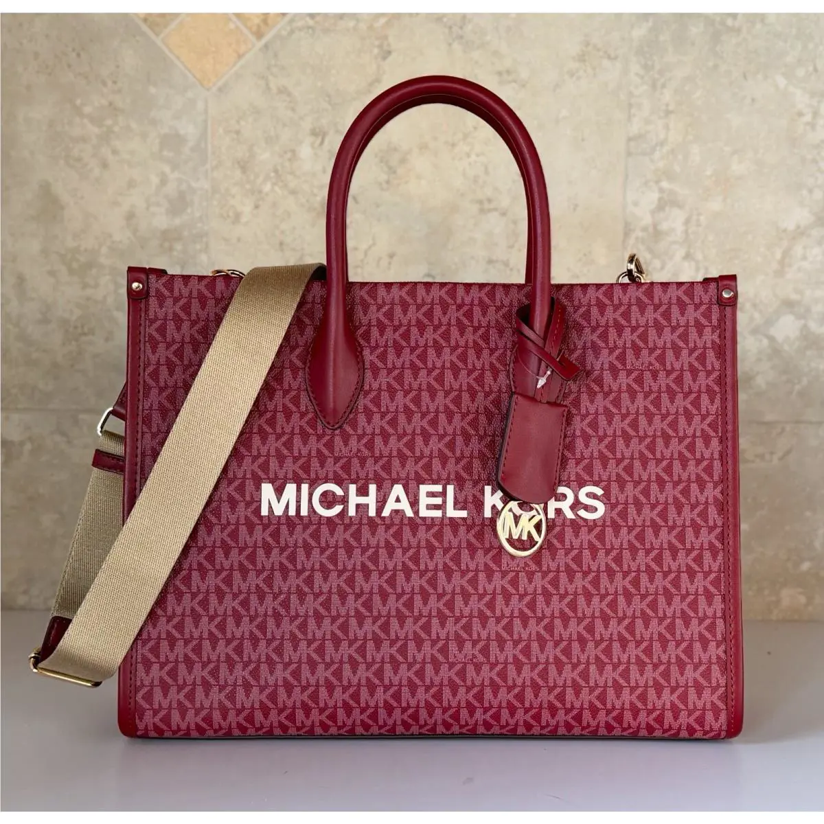 Michael Kors Mirella Medium Tote Satchel Crossbody Bag Cherry Gold