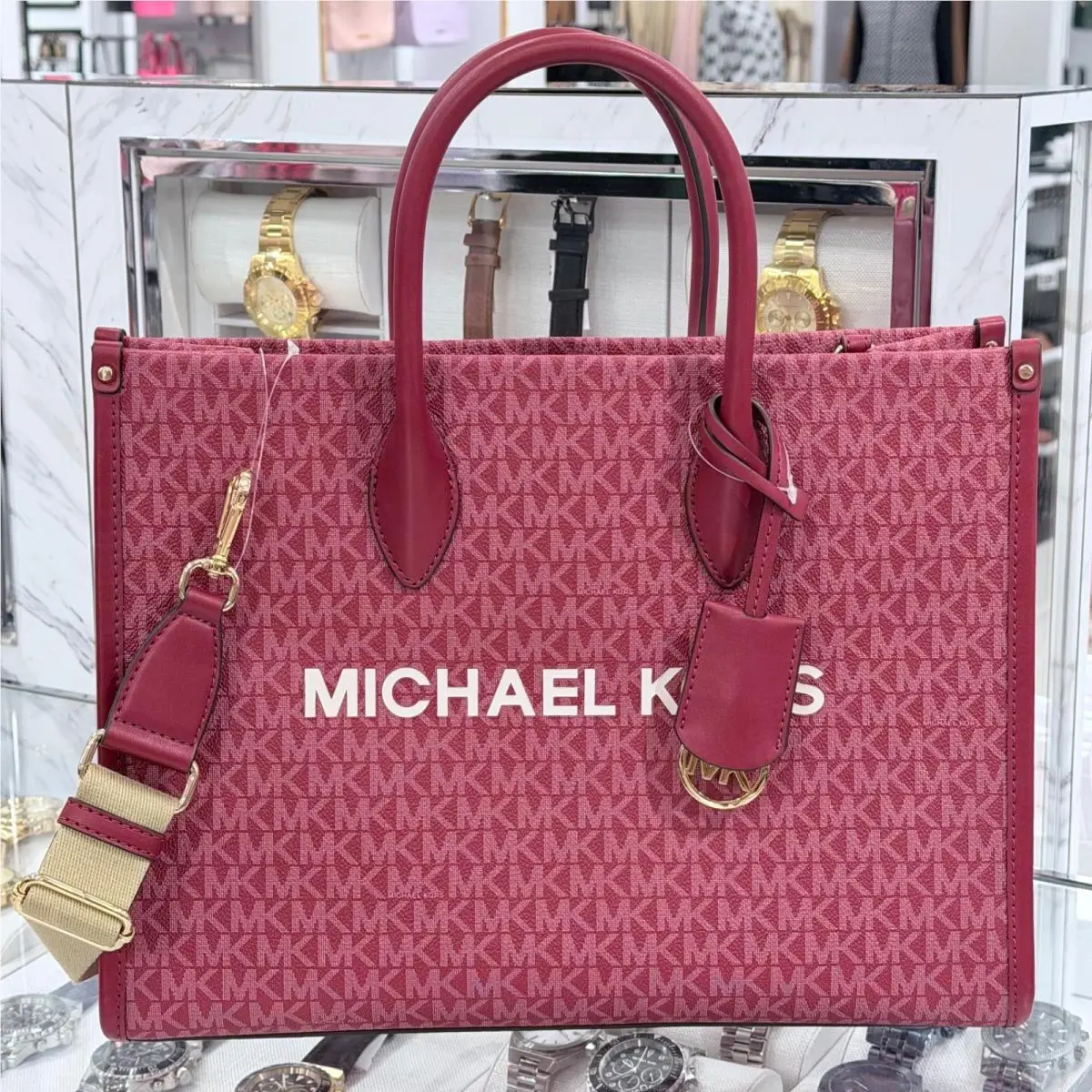 Michael Kors Mirella Medium Tote MK Signature Logo Bag Cherry