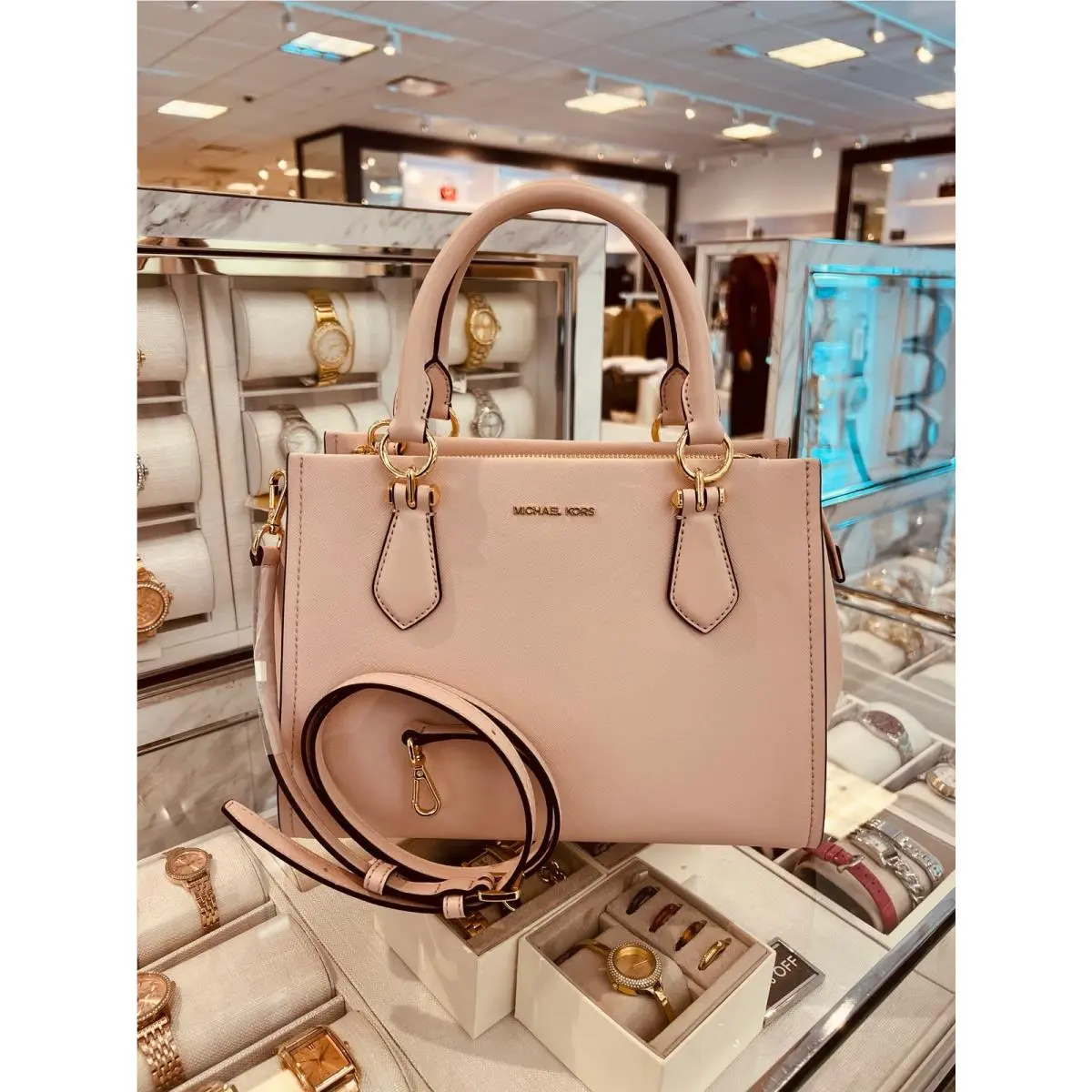 Michael Kors Marilyn Women Medium Leather Satchel Bag Handbag Purse Powder Blush