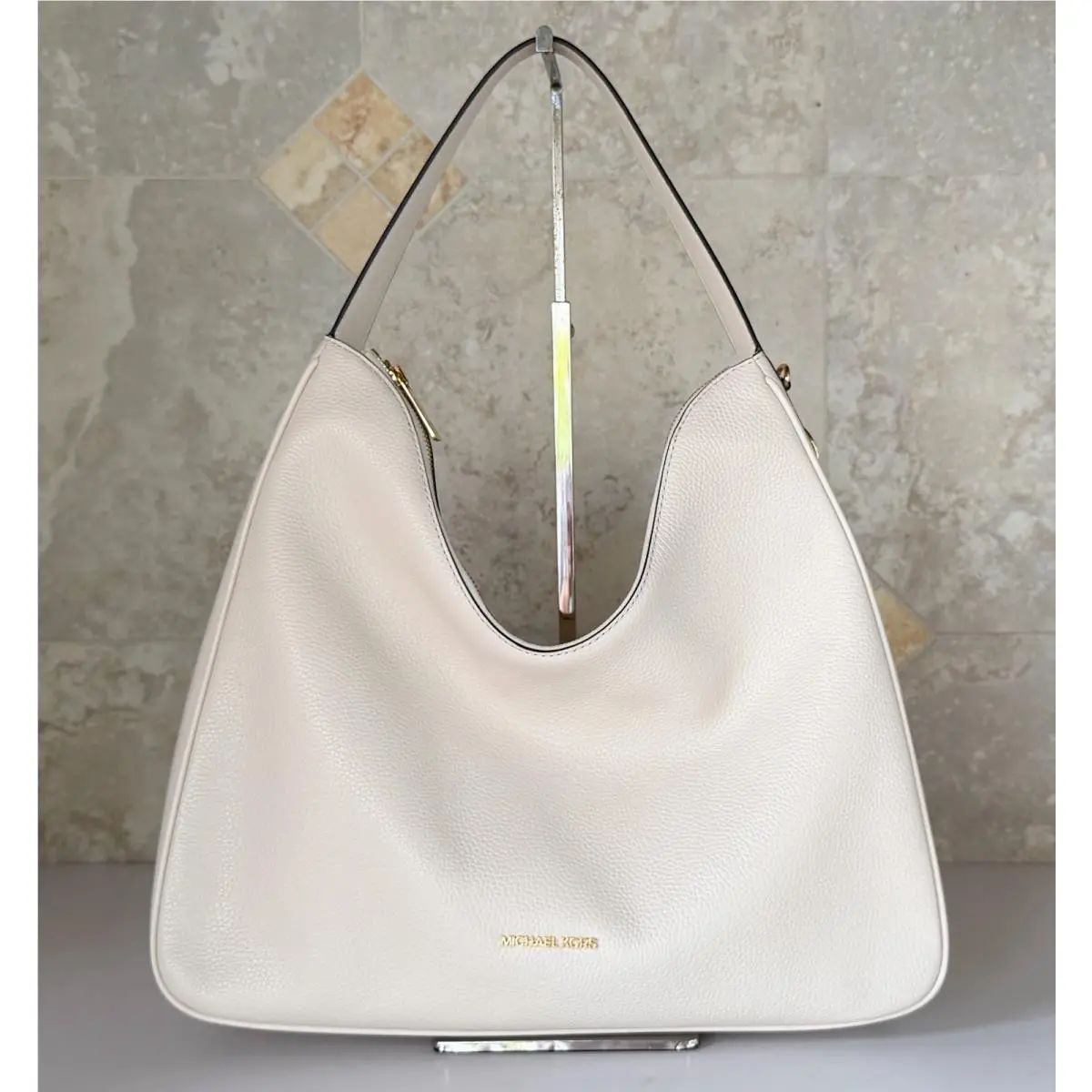 Michael Kors Nayla Medium Pebbled Leather Hobo Shoulder Bag Light Cream