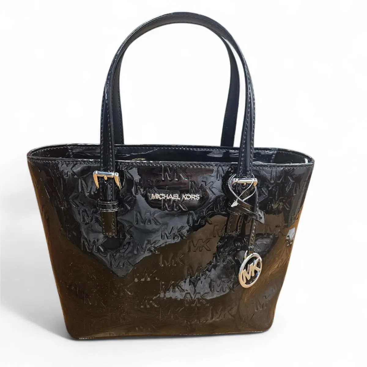 Michael Kors Jet Set Women XS Metallic Logo Debossed Convertible Tote Bag Black