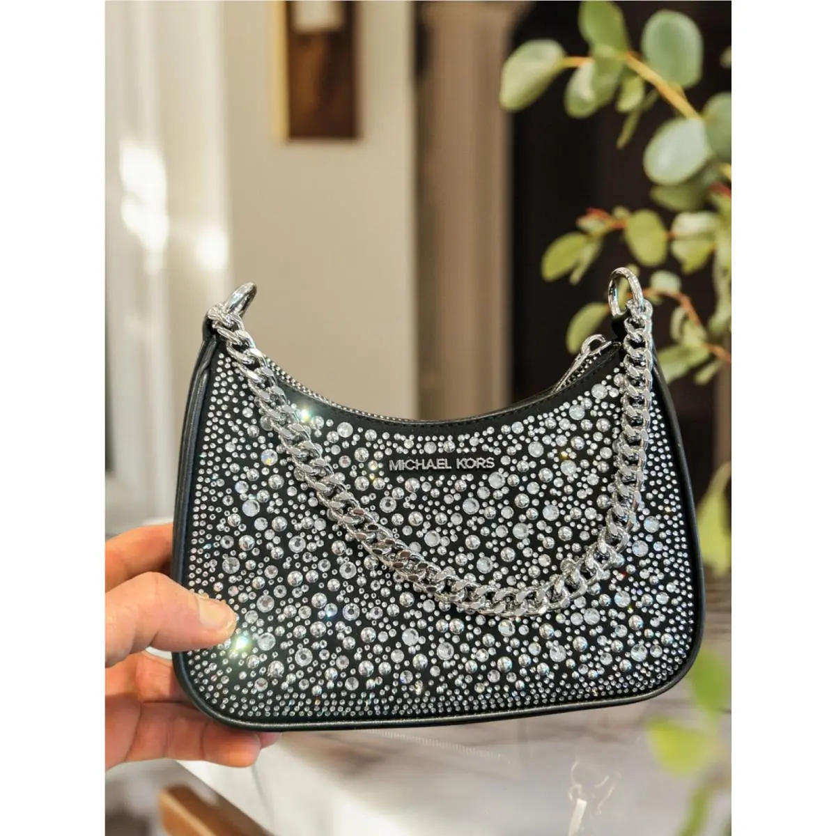 Small Embellished Convertible Crossbody Bag Black Silver MK Purse by Michael Kors