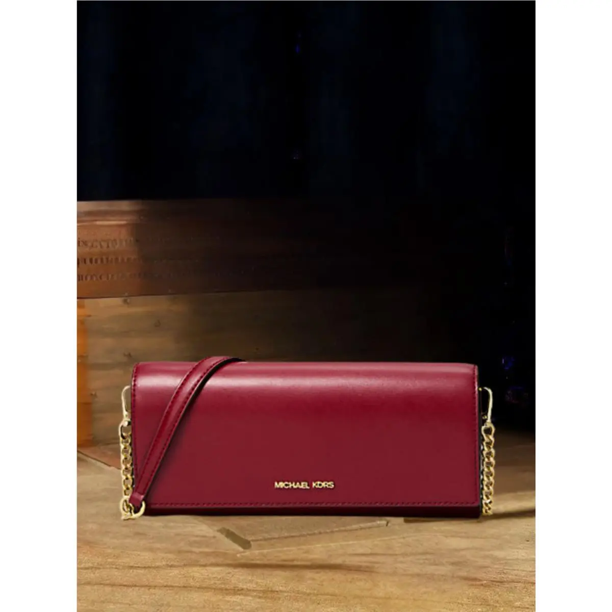 Michael Kors Jet Set Women Medium Leather Chain Flap Clutch Wallet Bag Cherry